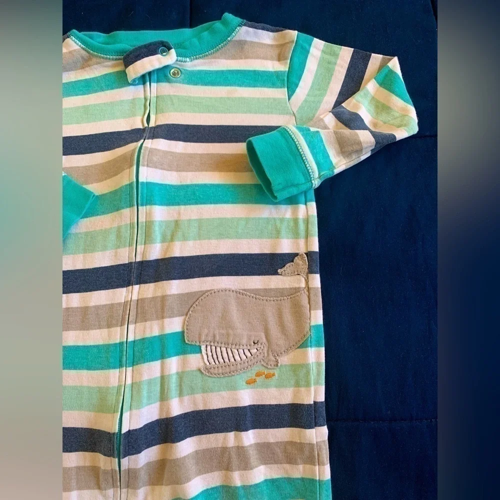 Carter’s Blue Green Gray Striped Footed Whale Onesie Size 18mos